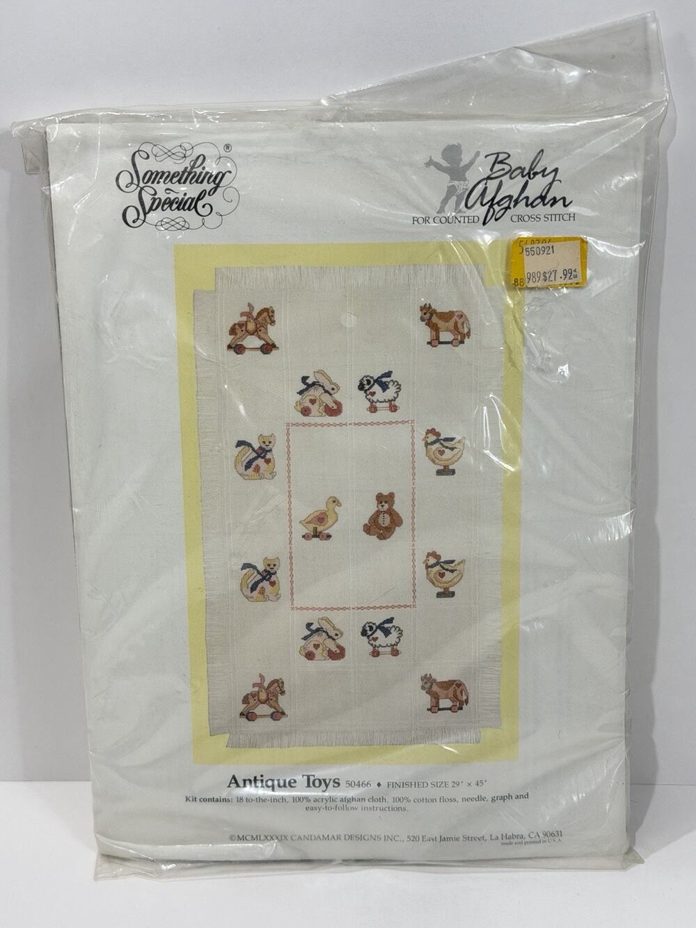Vintage 1989 Candamar Antique Toys Baby Afghan Counted Cross Stitch Kit 50466
